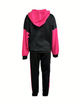 2pcs/Set Women Regular Fit Contrast Color Long Sleeve Hooded Sweatshirt And Pants Sports Outfit With Cuffed Hems